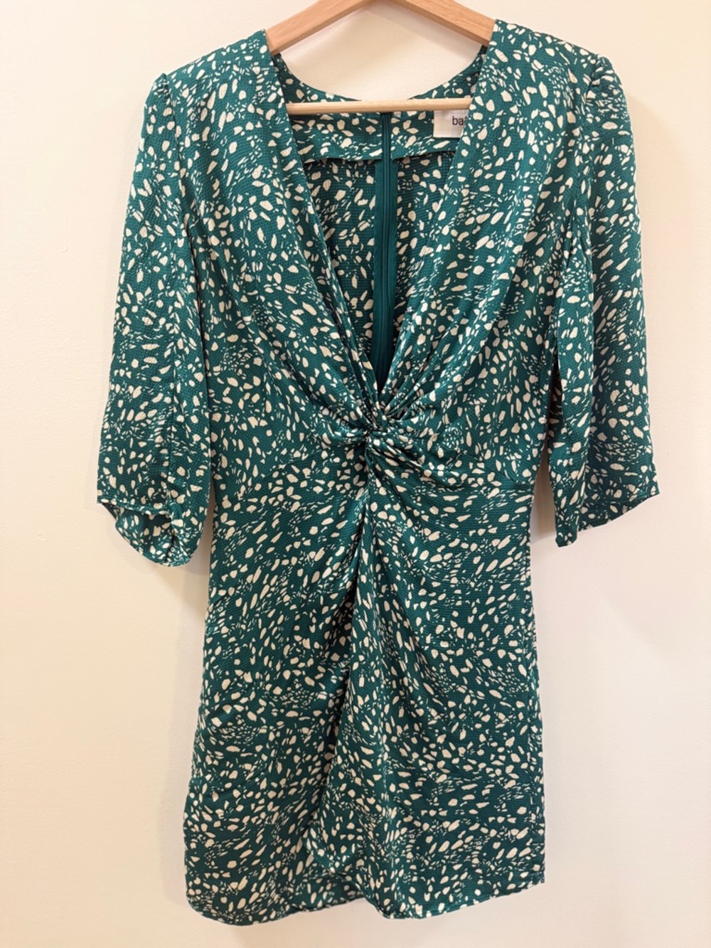 ba&sh Ruched Green Mini Dress Size 1 Small Paris V-Neck Twist Front